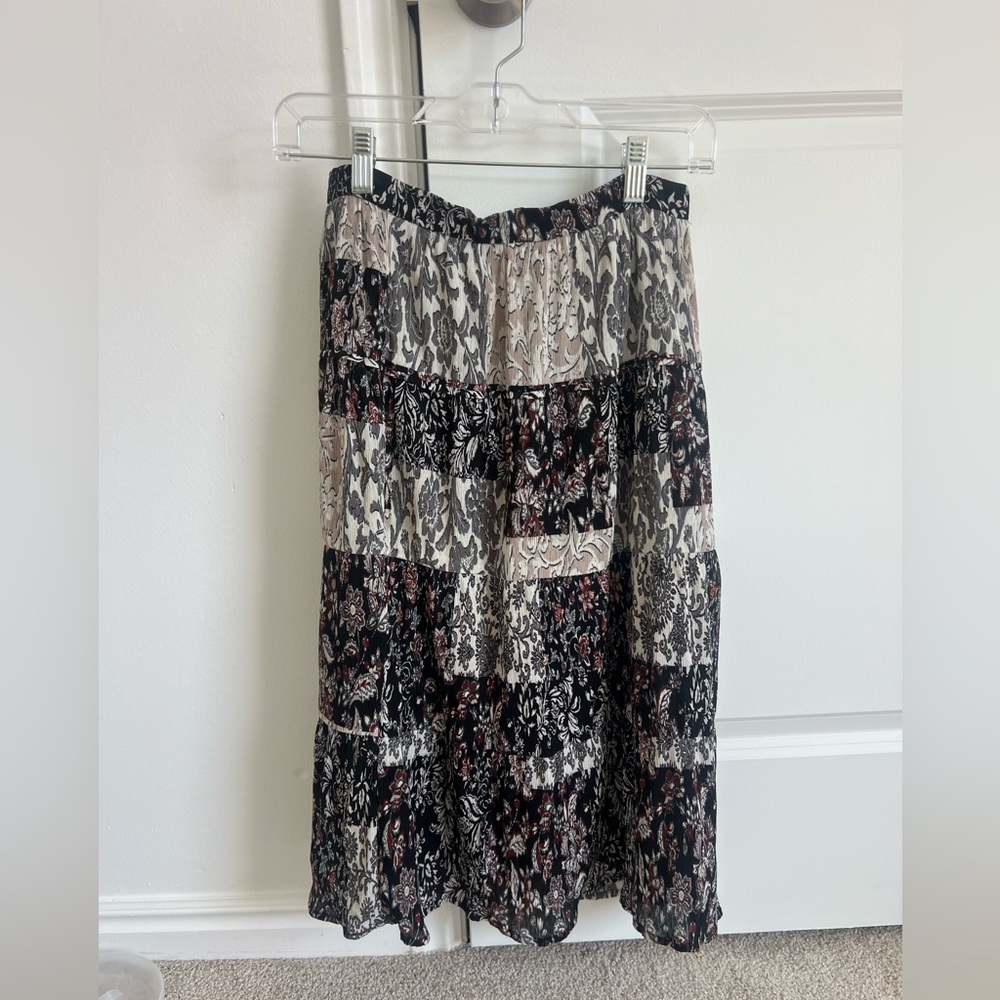 LOFT Black and Cream Patchwork Midi Skirt